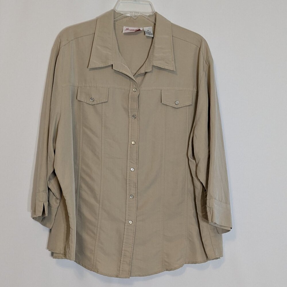 JOANNA Plus, Beige Soft Suede-Like Pearl Snap Blouse w 3/4 Sleeves; Size 3X